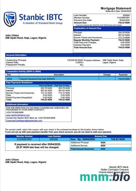 Nigeria Stanbic IBTC Bank wyciąg z kredytu hipotecznego szablon Word i PDF